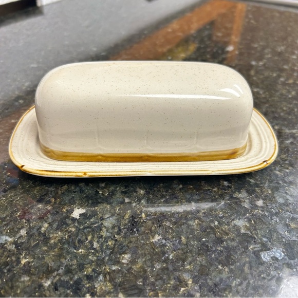 Vintage Crown Manor Handpainted Stoneware Butter Dish Japan Speckled Beige Brown - Picture 4 of 8